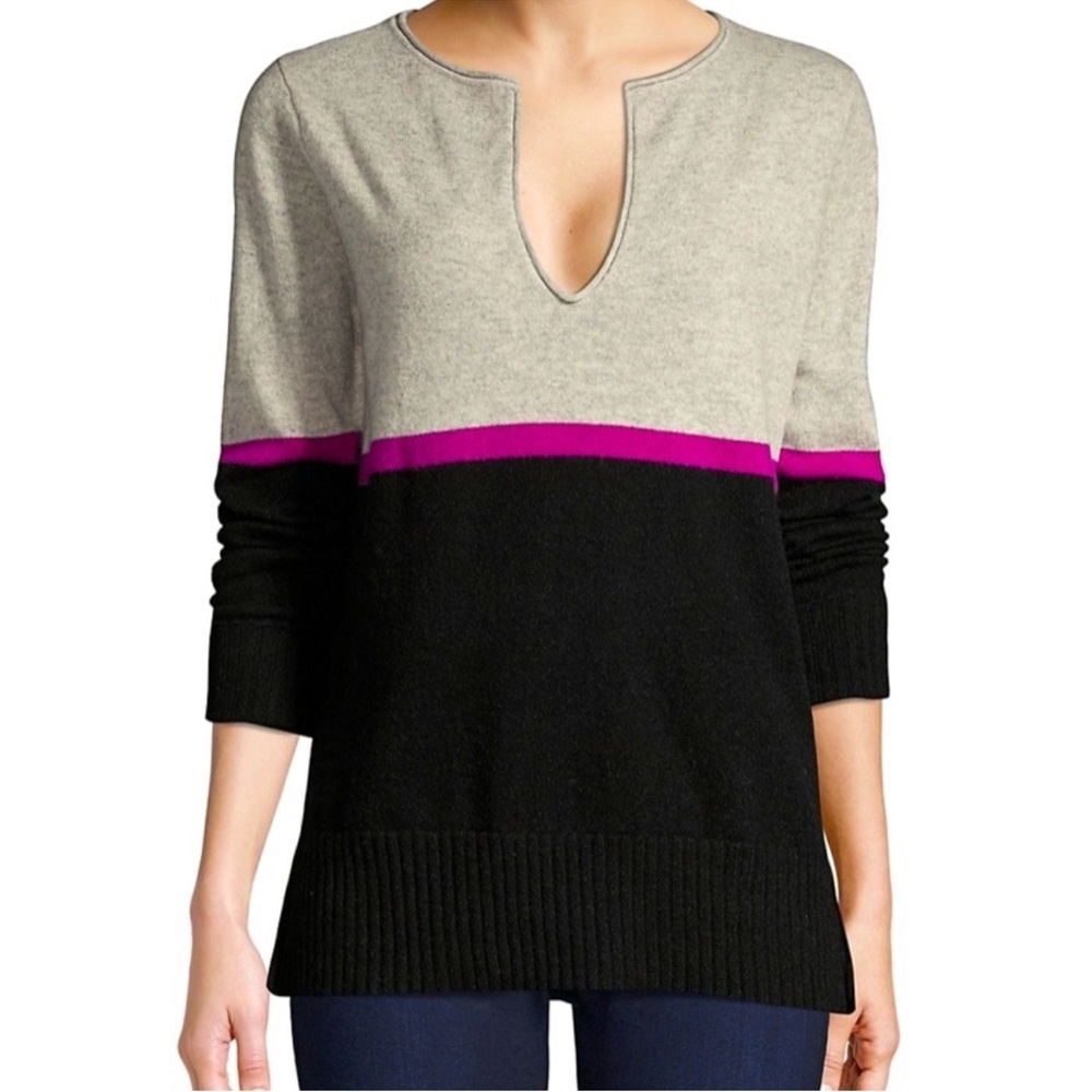 RAFFI 100% Cashmere Women Sweater ColorBlock Preppy Clueless Gray Black Magenta